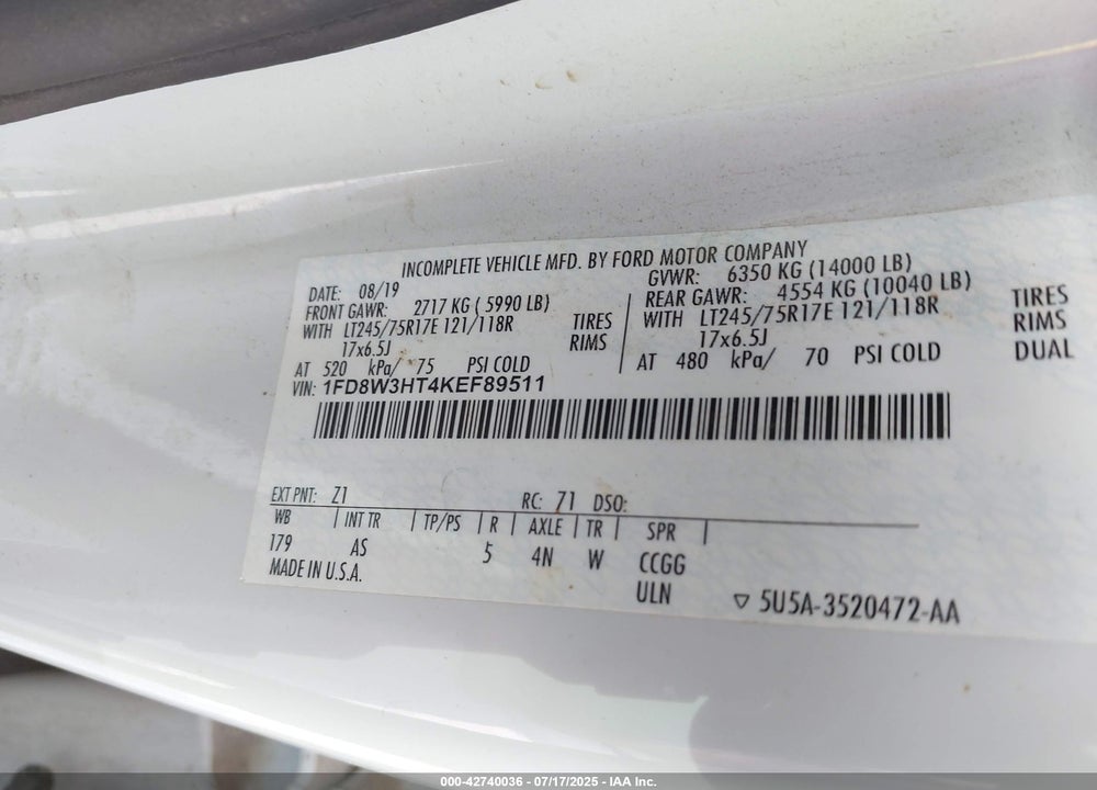 2019 FORD F-350 CHASSIS XL VIN: 1FD8W3HT4KEF89511