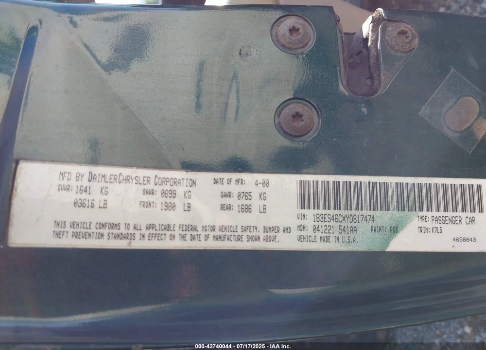 2000 DODGE NEON HIGHLINE VIN: 1B3ES46CXYD817474