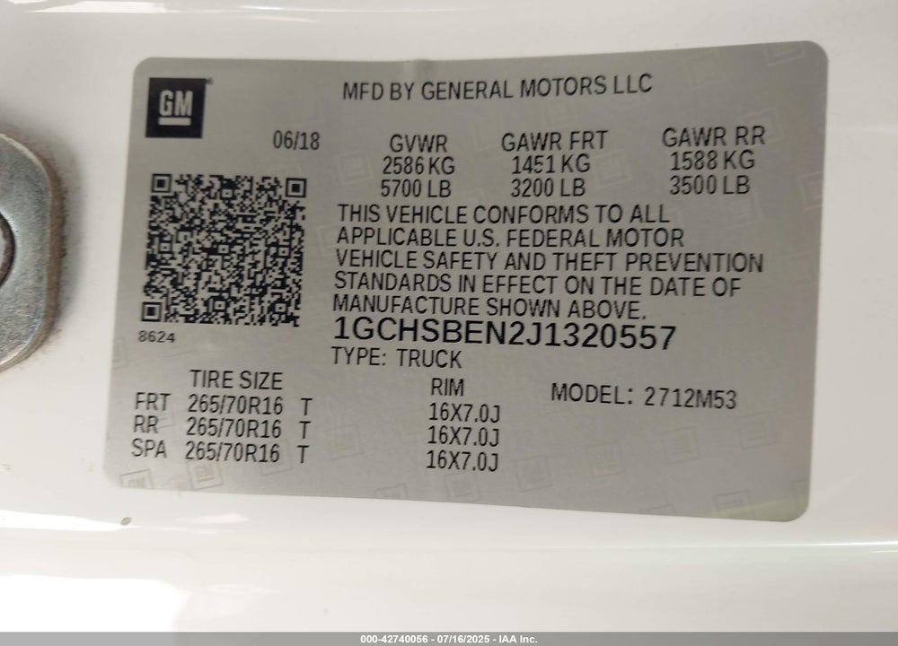 2018 CHEVROLET COLORADO VIN: 1GCHSBEN2J1320557