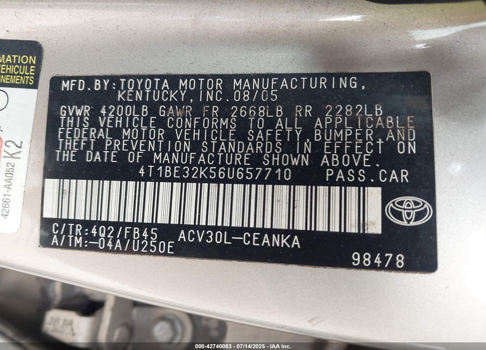 2006 TOYOTA CAMRY LE VIN: 4T1BE32K56U657710