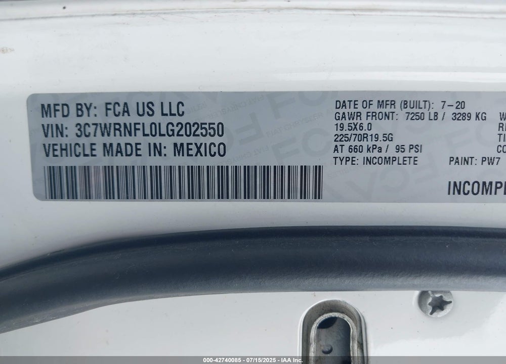 2020 RAM 5500 CHASSIS TRADESMAN/SLT/LAIE/LIMITED VIN: 3C7WRNFL0LG202550