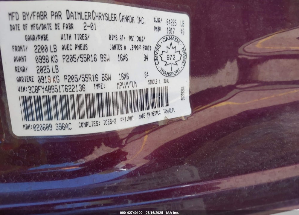 2001 CHRYSLER PT CRUISER VIN: 3C8FY4BB51T622136