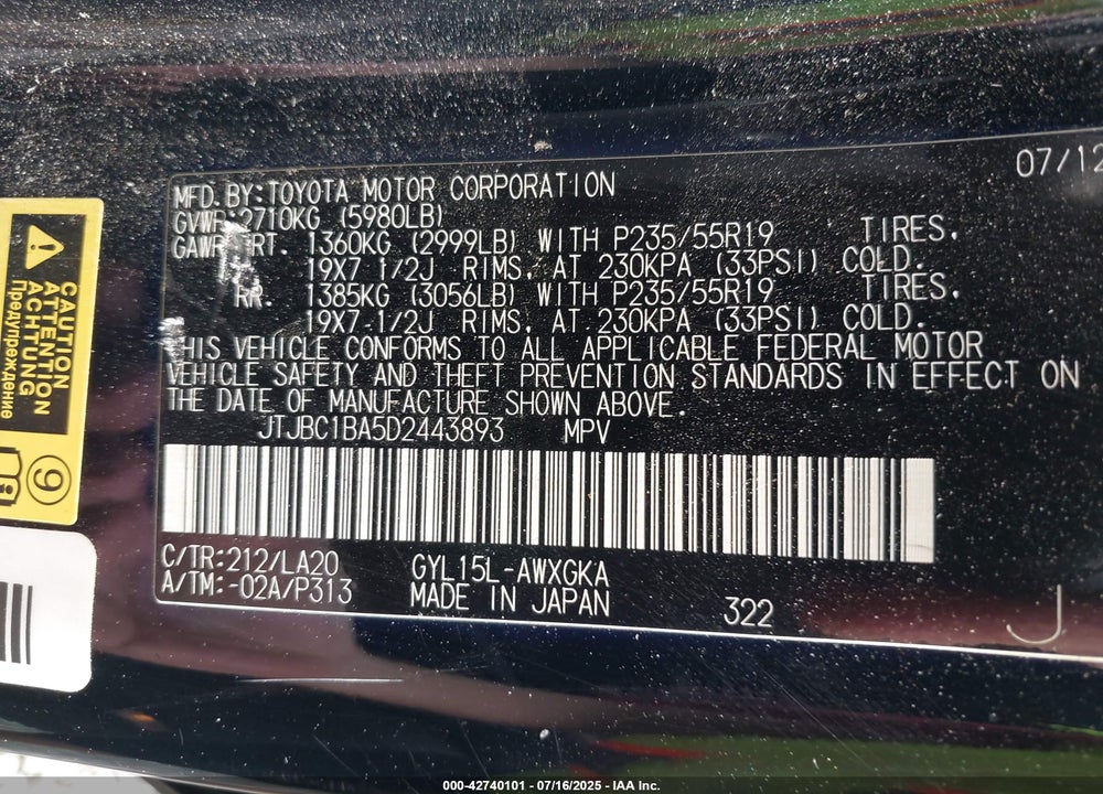 2013 LEXUS RX 450H VIN: JTJBC1BA5D2443893