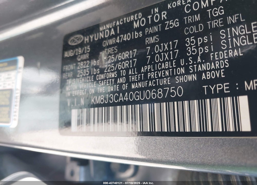 2016 HYUNDAI TUCSON VIN: KM8J3CA40GU068750