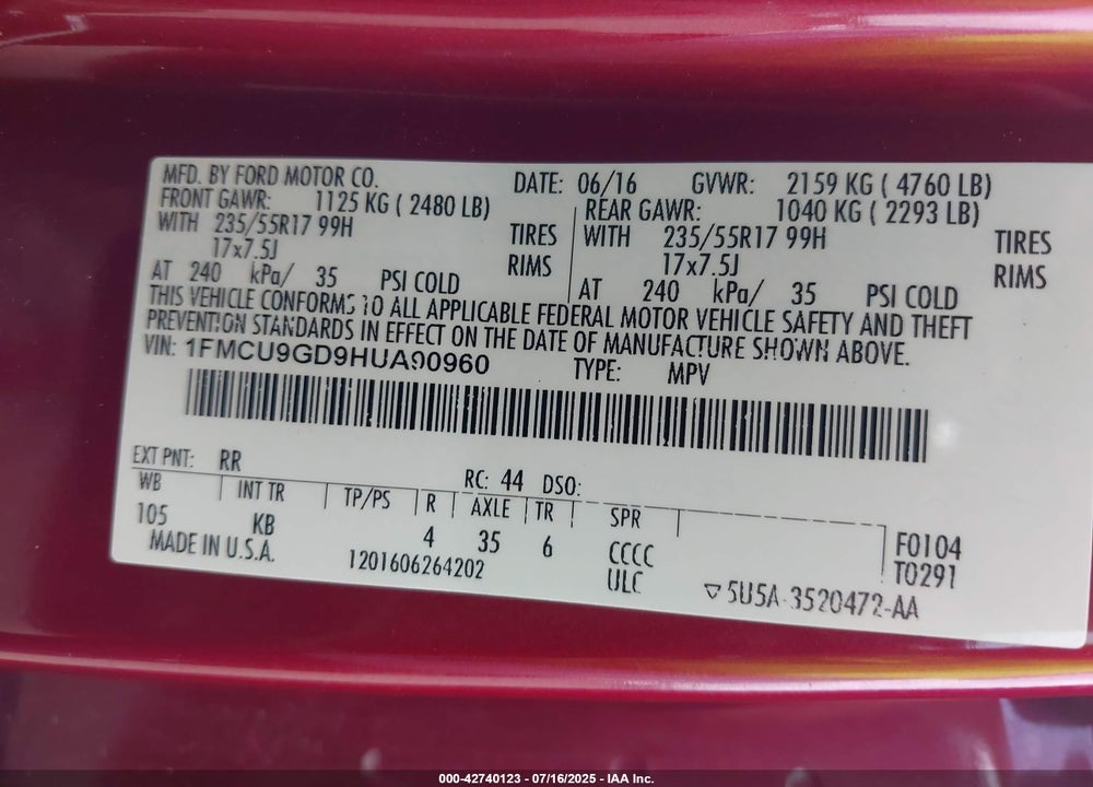 2017 FORD ESCAPE VIN: 1FMCU9GD9HUA90960