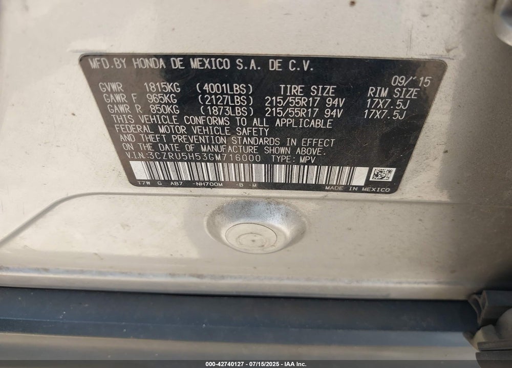 2016 HONDA HR-V VIN: 3CZRU5H53GM716000