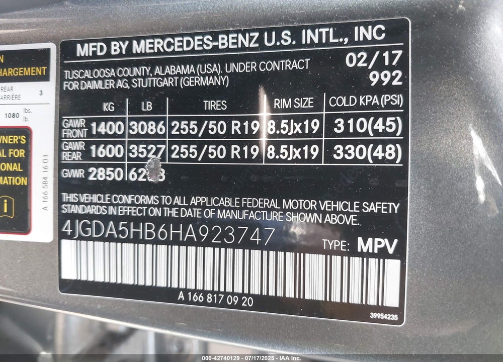 2017 MERCEDES-BENZ GLE CLASS VIN: 4JGDA5HB6HA923747