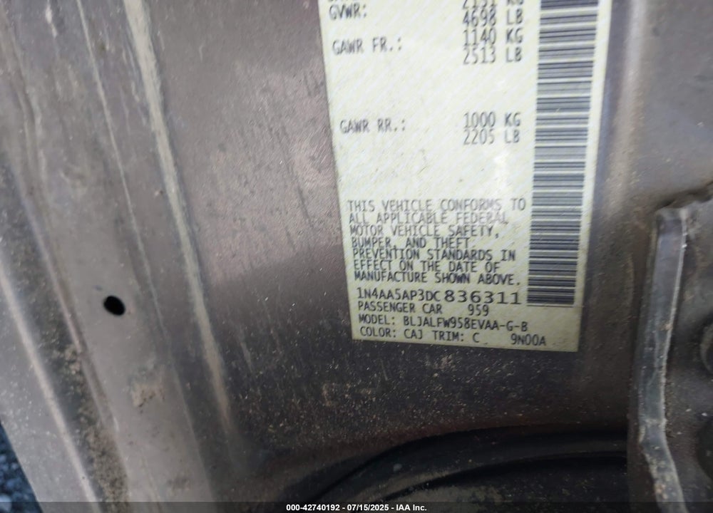 2013 NISSAN MAXIMA VIN: 1N4AA5AP3DC836311