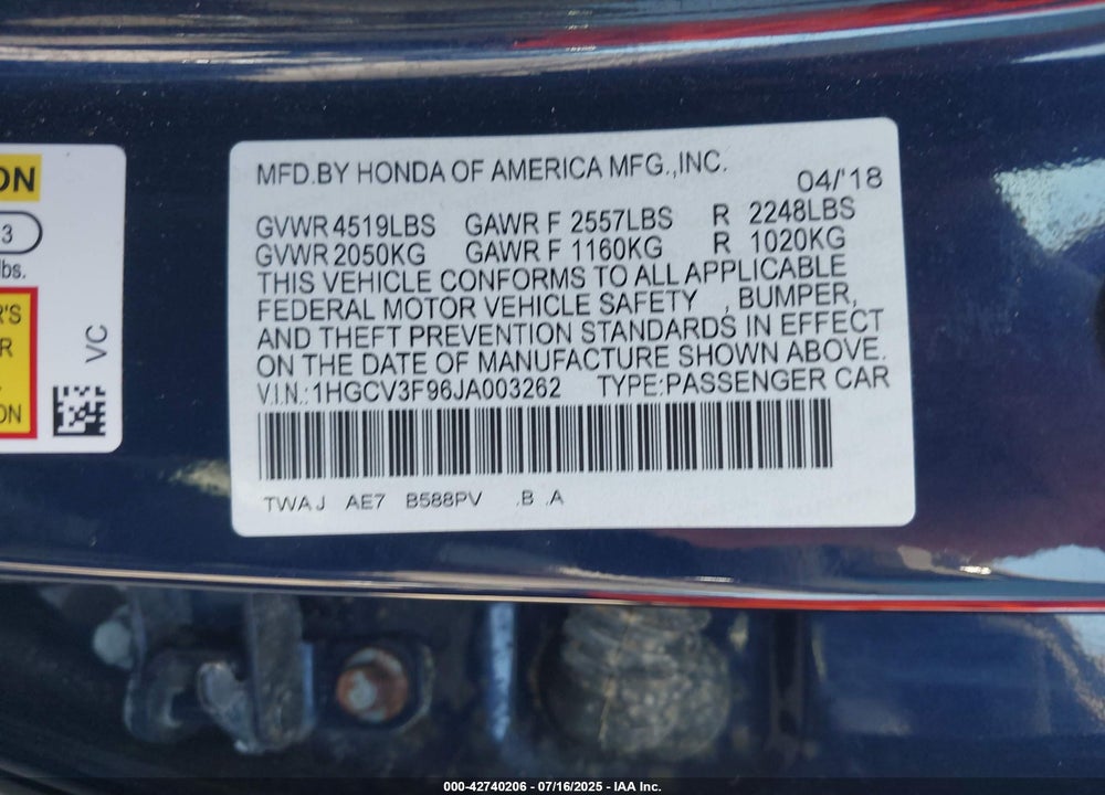 2018 HONDA ACCORD VIN: 1HGCV3F96JA003262