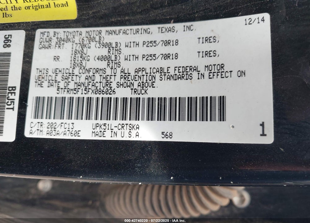 2015 TOYOTA TUNDRA SR5 4.6L V8 VIN: 5TFRM5F15FX086026