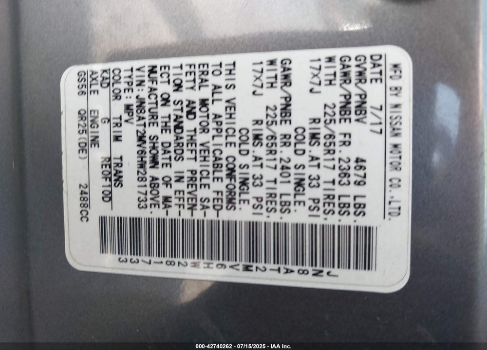 2017 NISSAN ROGUE VIN: JN8AT2MV6HW281733