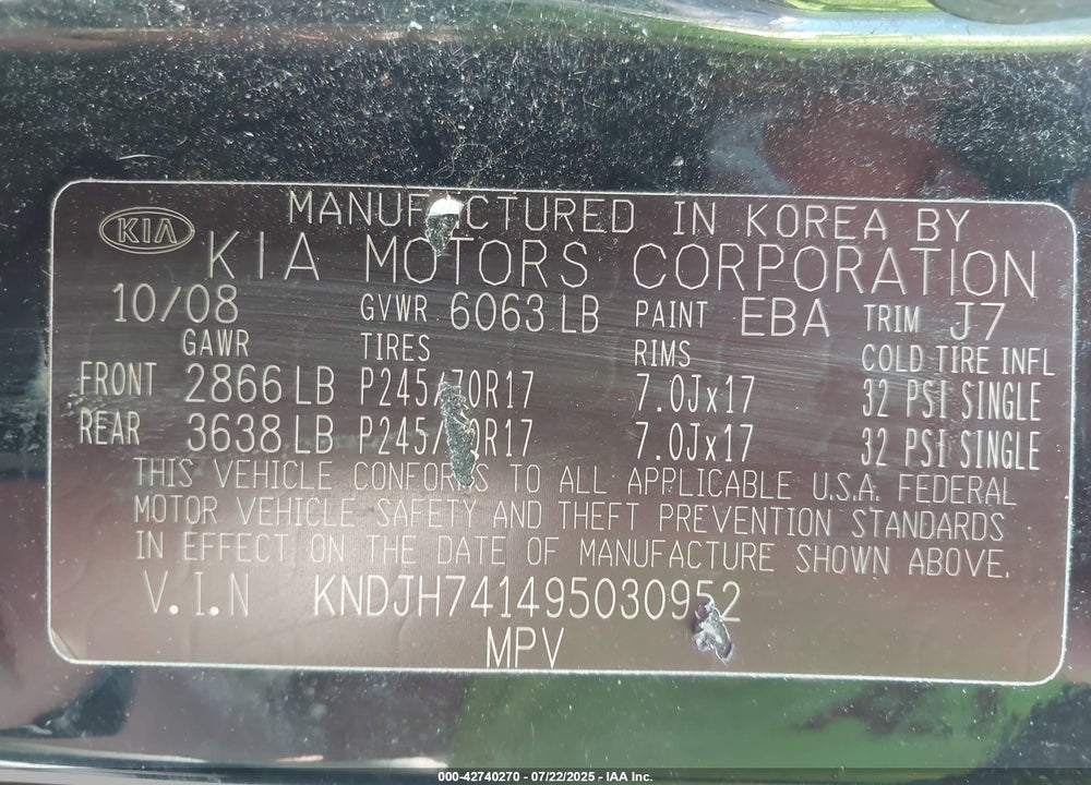 2009 KIA BORREGO VIN: KNDJH741495030952
