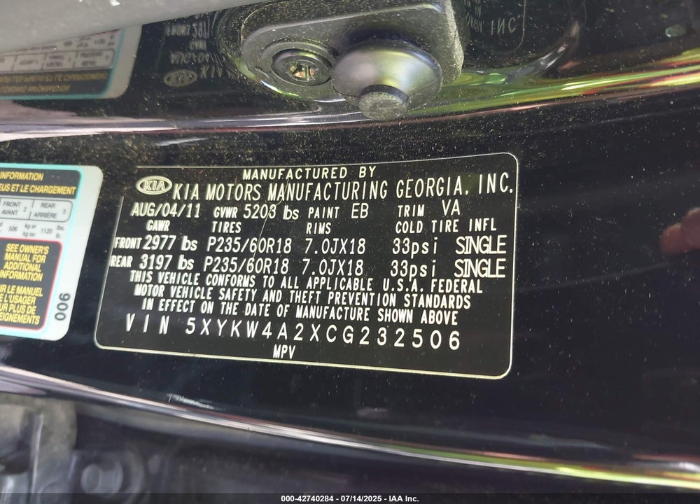2012 KIA SORENTO VIN: 5XYKW4A2XCG232506