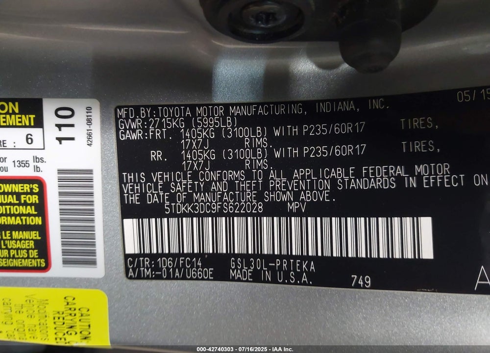 2015 TOYOTA SIENNA LE 8 PASSENGER VIN: 5TDKK3DC9FS622028