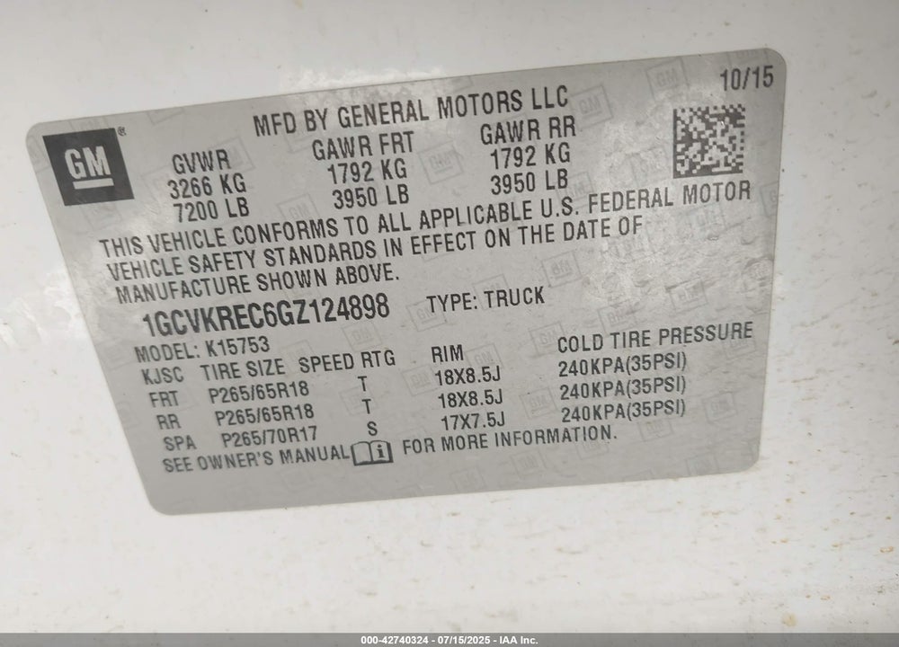 2016 CHEVROLET SILVERADO 1500 VIN: 1GCVKREC6GZ124898