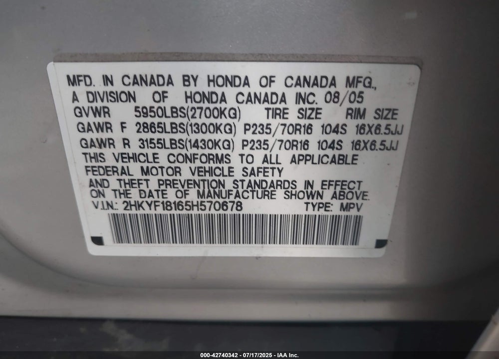 2005 HONDA PILOT VIN: 2HKYF18165H570678
