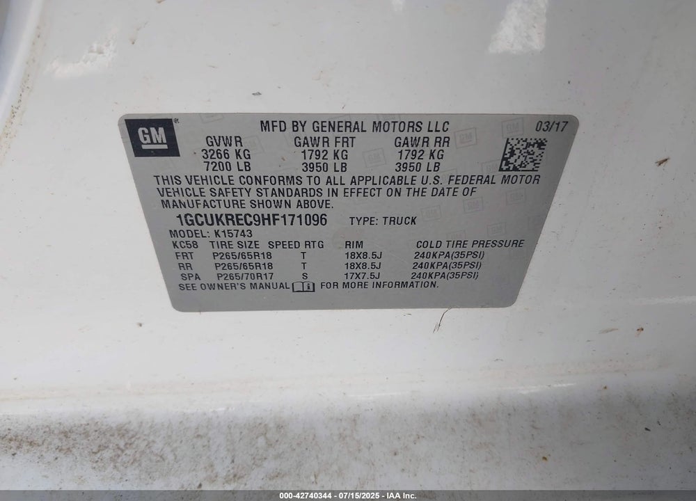 2017 CHEVROLET SILVERADO 1500 VIN: 1GCUKREC9HF171096