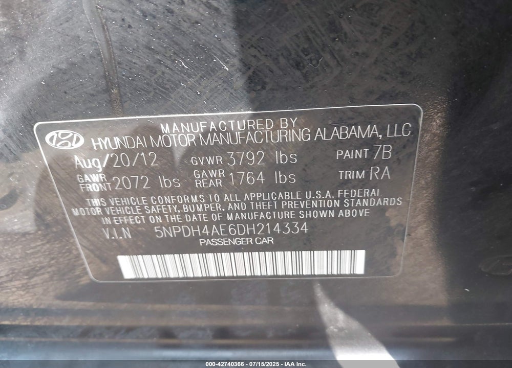 2013 HYUNDAI ELANTRA VIN: 5NPDH4AE6DH214334