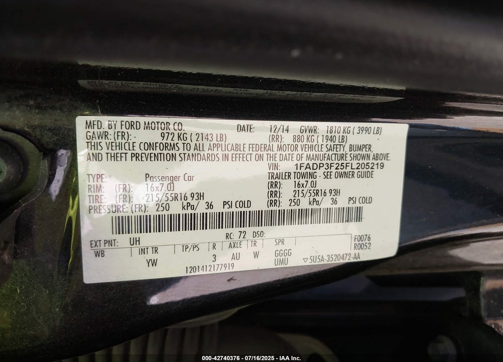 2015 FORD FOCUS VIN: 1FADP3F25FL205219