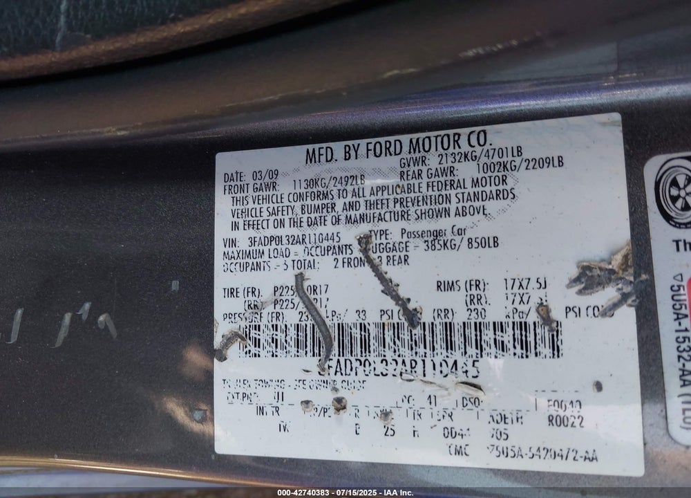 2010 FORD FUSION HYBRID VIN: 3FADP0L32AR110445