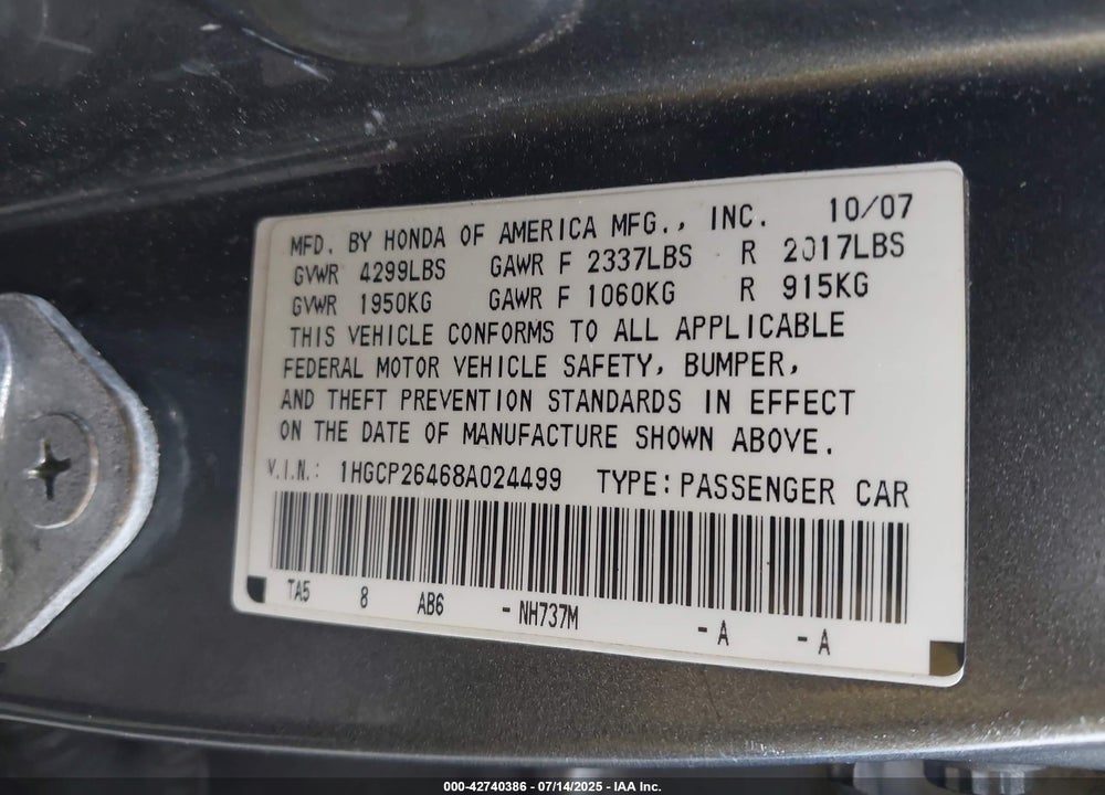 2008 HONDA ACCORD VIN: 1HGCP26468A024499