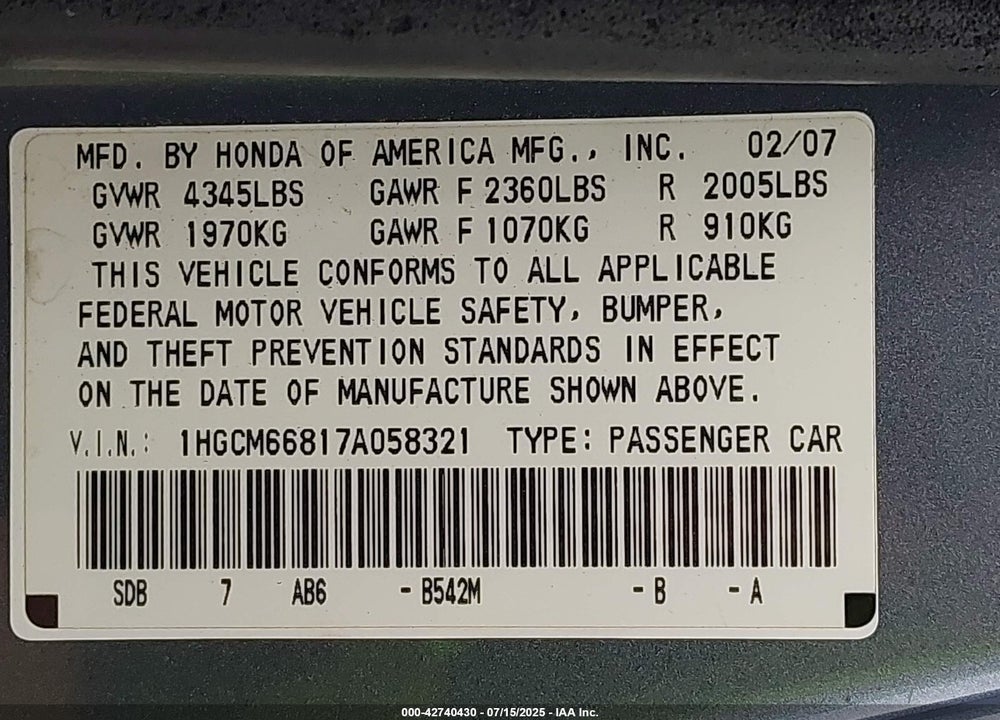 2007 HONDA ACCORD VIN: 1HGCM66817A058321