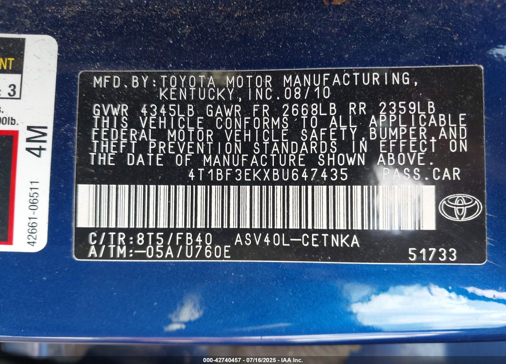 2011 TOYOTA CAMRY VIN: 4T1BF3EKXBU647435
