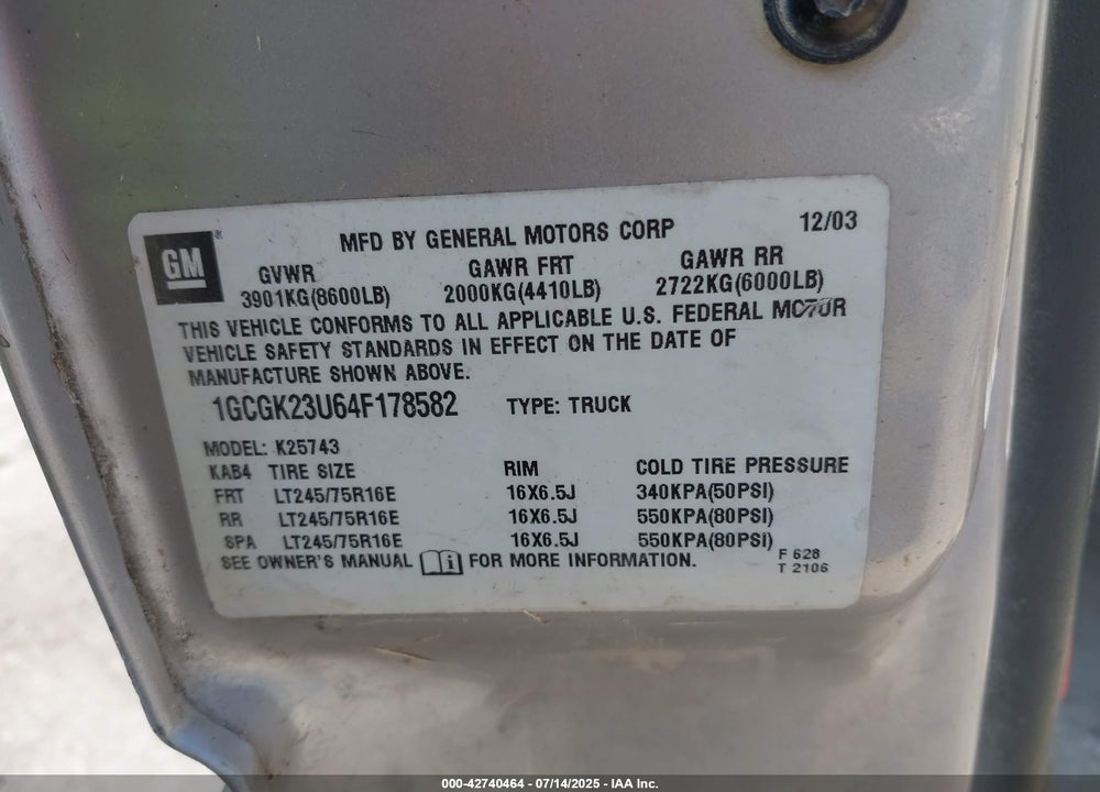 2004 CHEVROLET SILVERADO 2500 LS VIN: 1GCGK23U64F178582