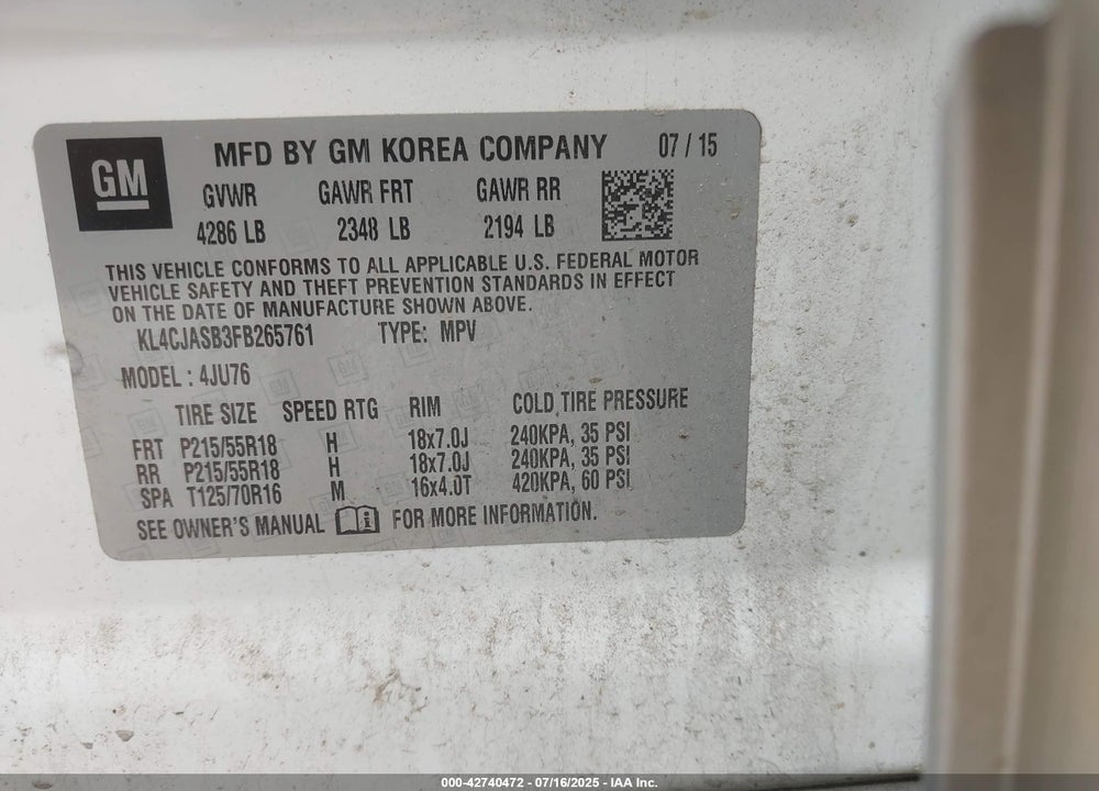 2015 BUICK ENCORE VIN: KL4CJASB3FB265761