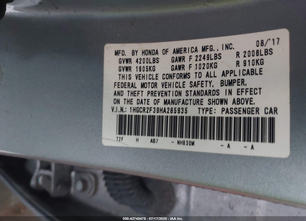 2017 HONDA ACCORD VIN: 1HGCR2F39HA285935
