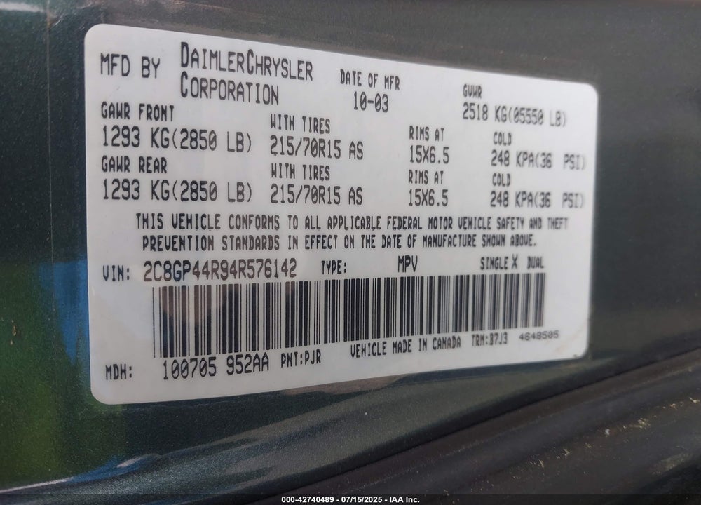 2004 CHRYSLER TOWN & COUNTRY LX VIN: 2C8GP44R94R576142