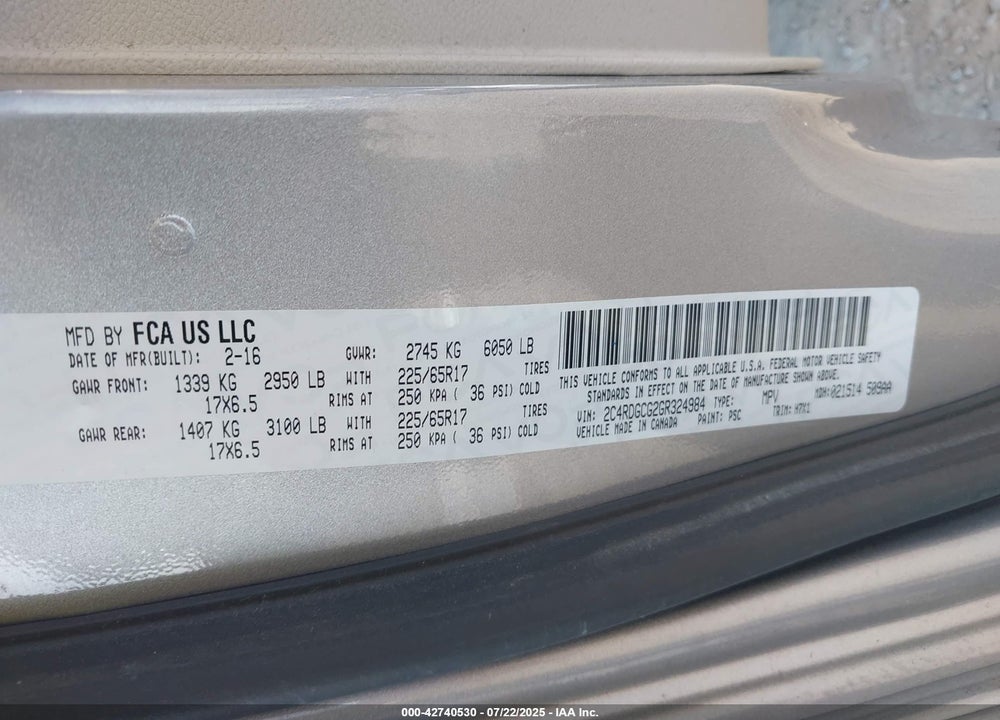 2016 DODGE GRAND CARAVAN SXT VIN: 2C4RDGCG2GR324984