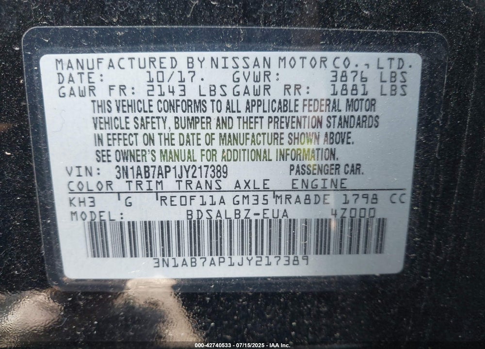 2018 NISSAN SENTRA S VIN: 3N1AB7AP1JY217389