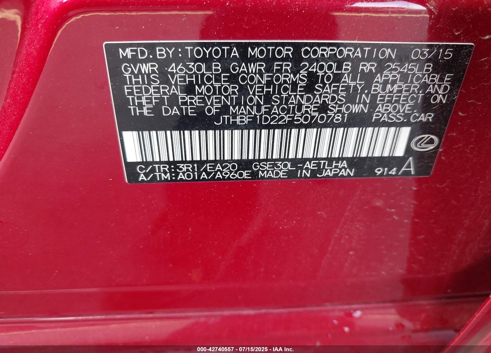2015 LEXUS IS 250 VIN: JTHBF1D22F5070781
