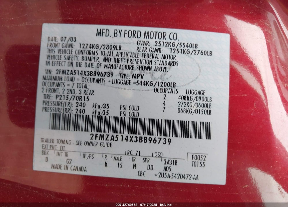2003 FORD WINDSTAR LX VIN: 2FMZA514X3BB96739