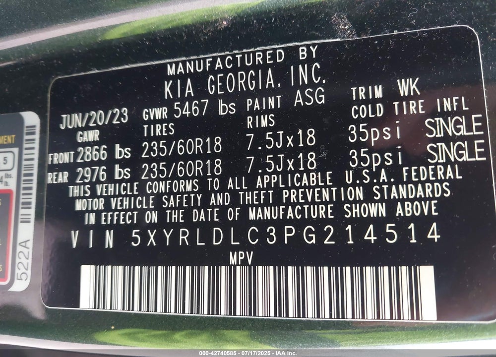 2023 KIA SORENTO X-LINE S VIN: 5XYRLDLC3PG214514