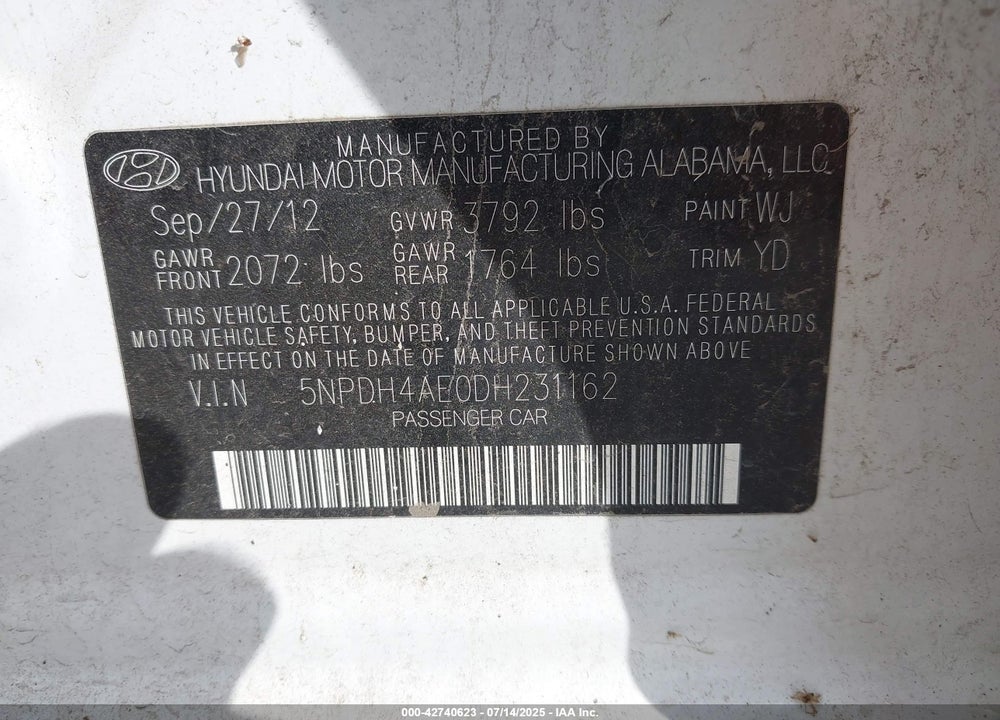 2013 HYUNDAI ELANTRA VIN: 5NPDH4AE0DH231162