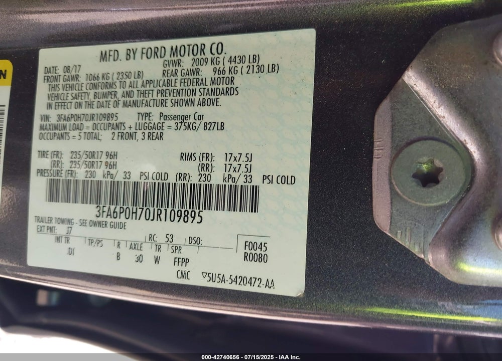 2018 FORD FUSION VIN: 3FA6P0H70JR109895