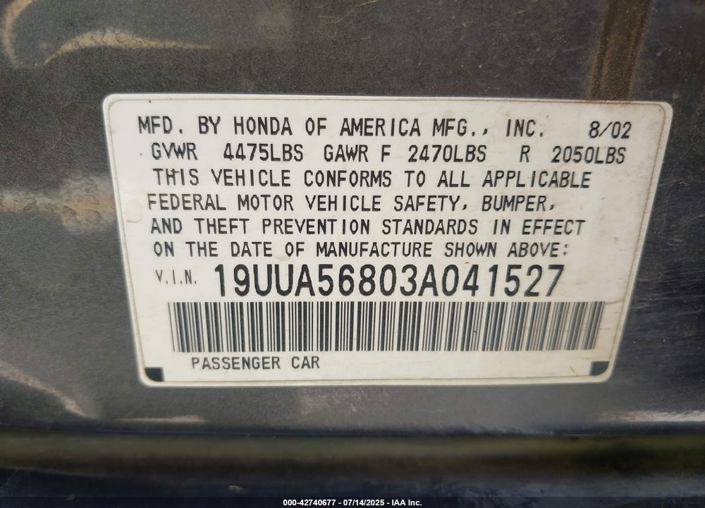 2003 ACURA TL 3.2 TYPE S VIN: 19UUA56803A041527
