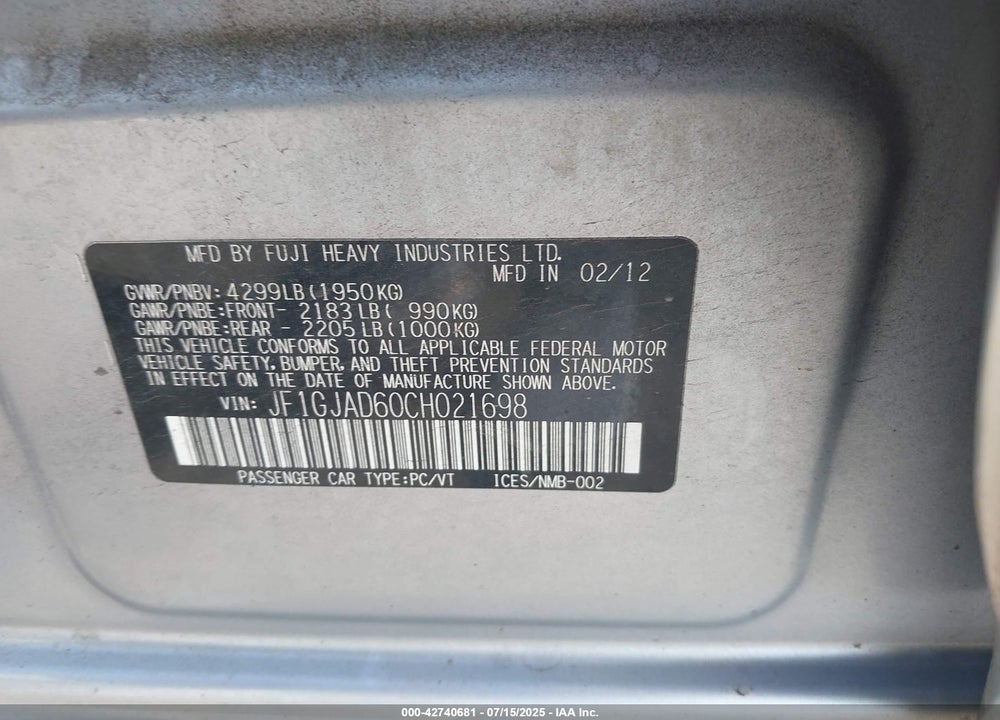 2012 SUBARU IMPREZA VIN: JF1GJAD60CH021698