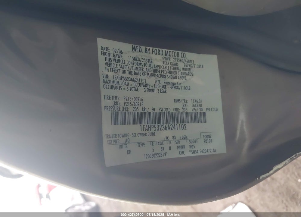 2006 FORD TAURUS SE VIN: 1FAHP53236A241102