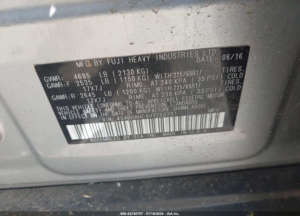 2017 SUBARU OUTBACK VIN: 4S4BSAHC4H3200201