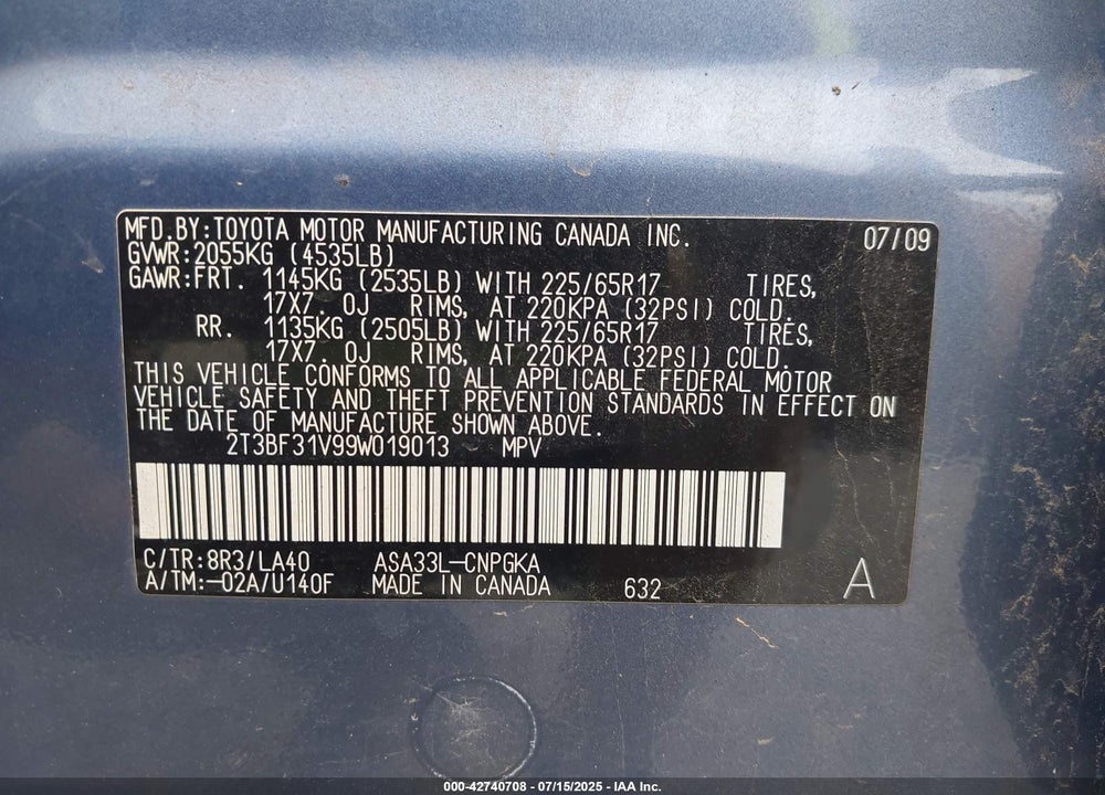 2009 TOYOTA RAV4 VIN: 2T3BF31V99W019013
