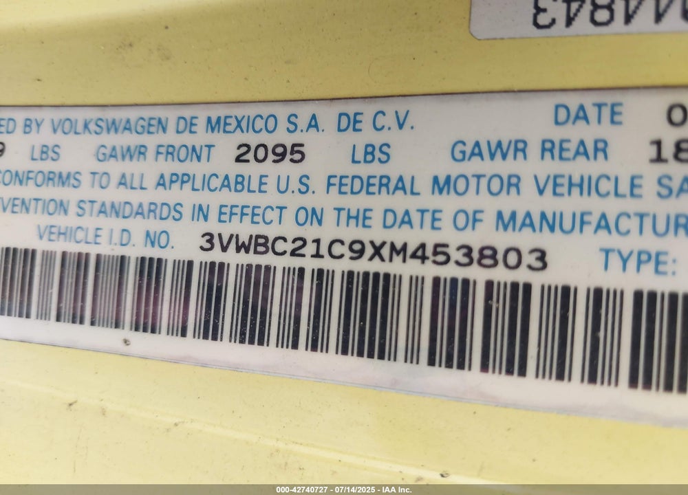 1999 VOLKSWAGEN NEW BEETLE GL VIN: 3VWBC21C9XM453803