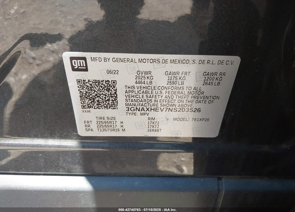 2022 CHEVROLET EQUINOX VIN: 3GNAXHEV7NS203526