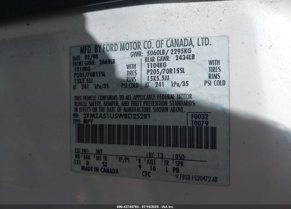 1998 FORD WINDSTAR BASE 3.0/GL VIN: 2FMZA51U5WBD25281