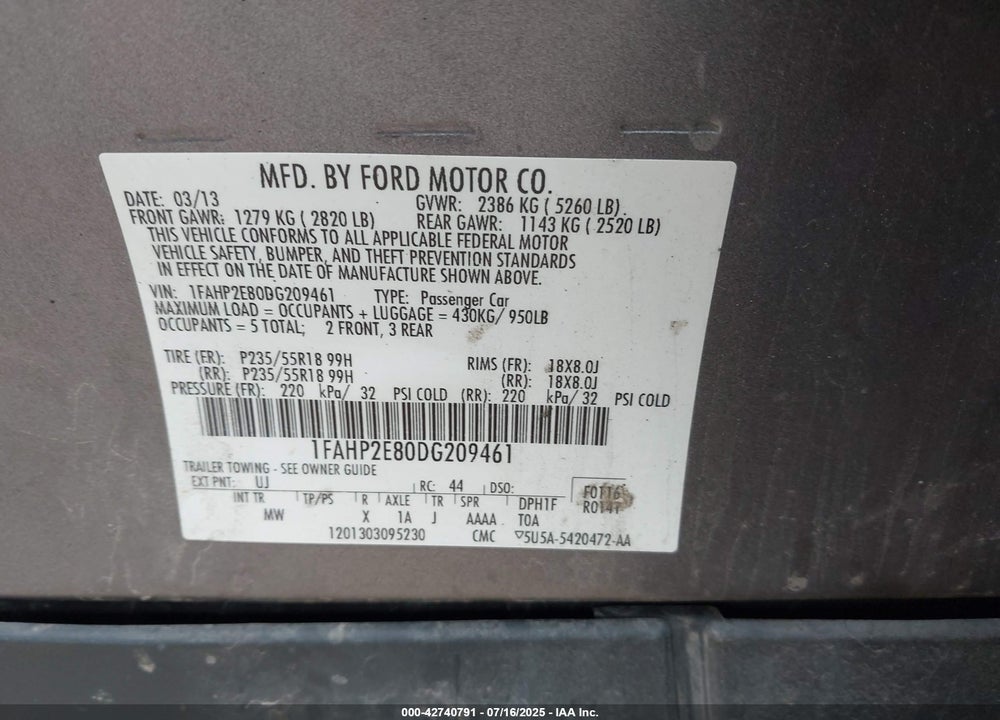 2013 FORD TAURUS VIN: 1FAHP2E80DG209461