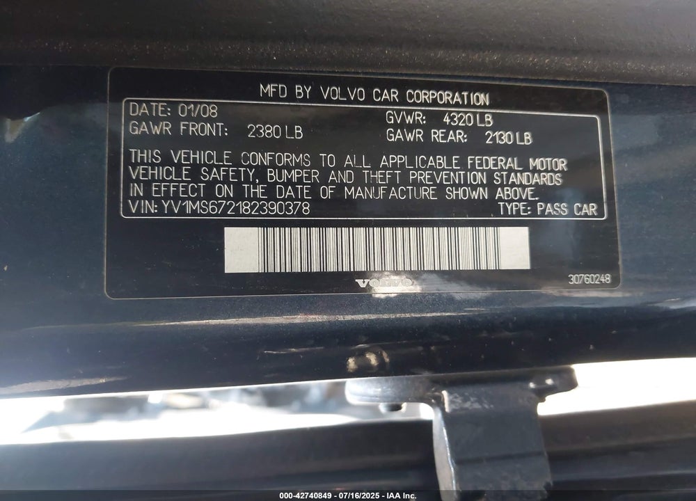 2008 VOLVO S40 T5 VIN: YV1MS672182390378