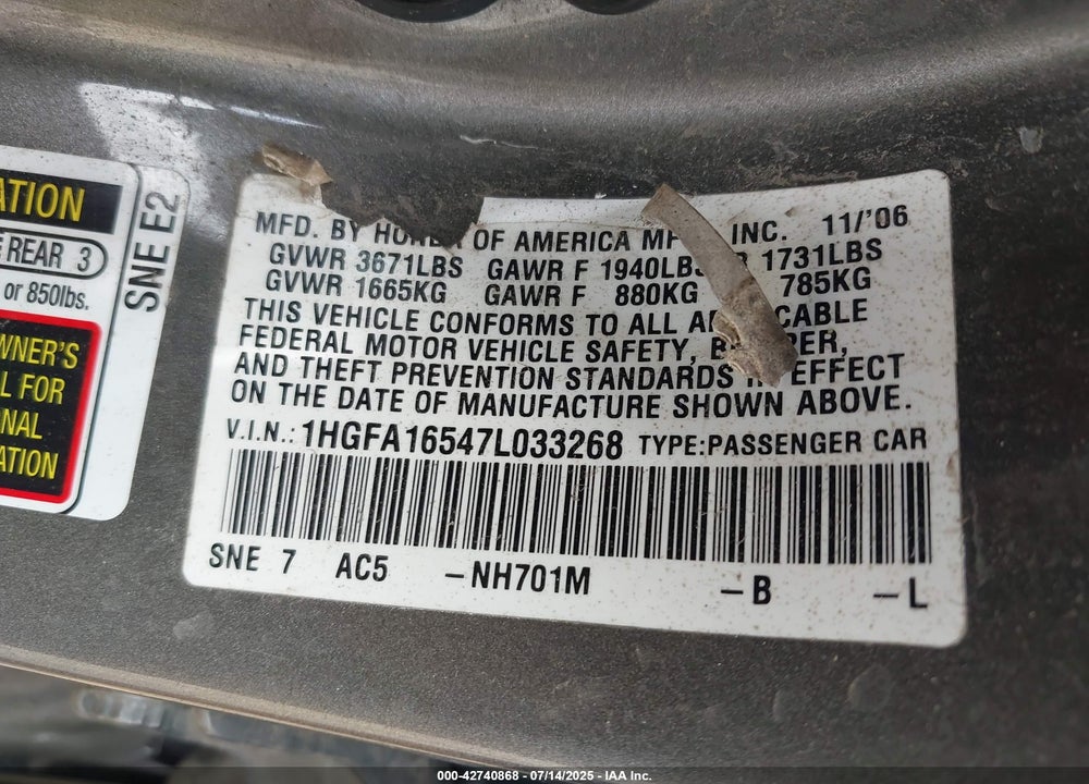 2007 HONDA CIVIC LX VIN: 1HGFA16547L033268