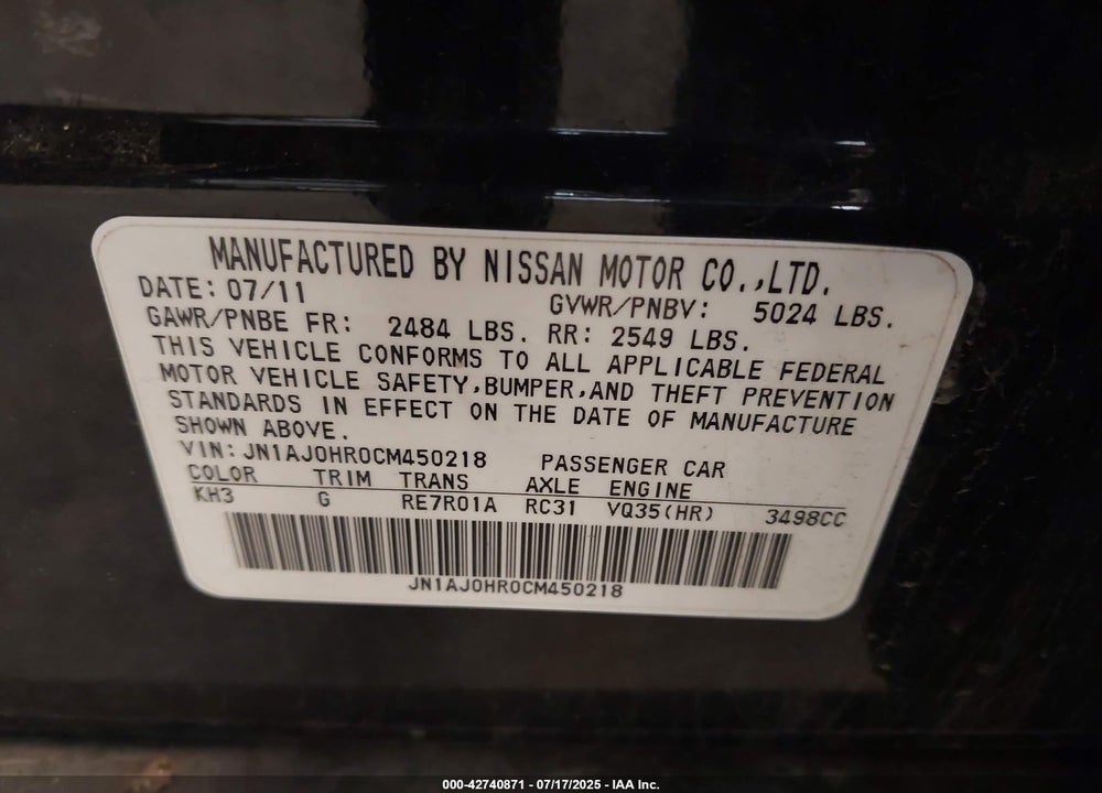 2012 INFINITI EX35 VIN: JN1AJ0HR0CM450218